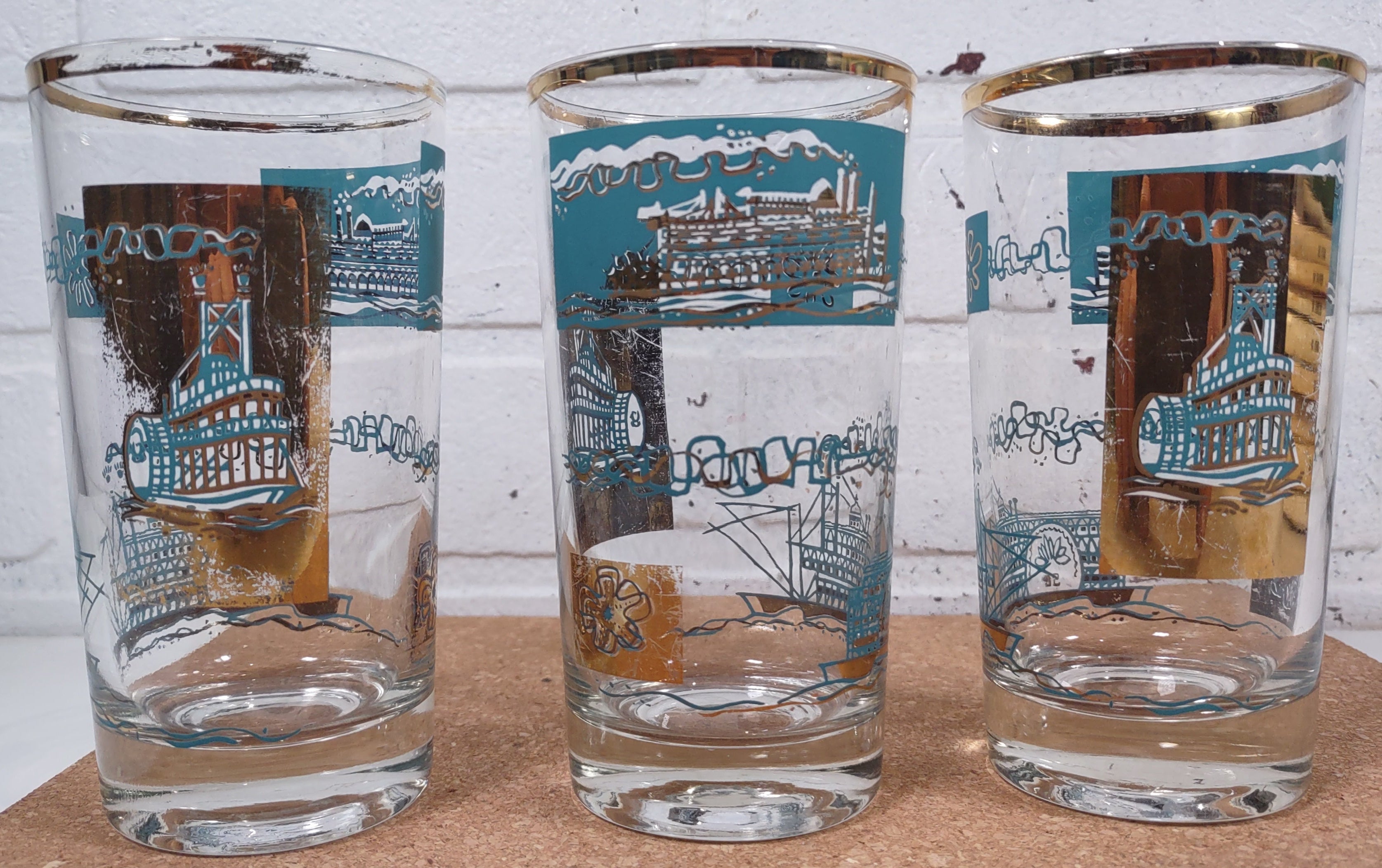 Set Of 3 Vintage Libbey MCM Riverboat Highball Glasses Gold/Turquoise
