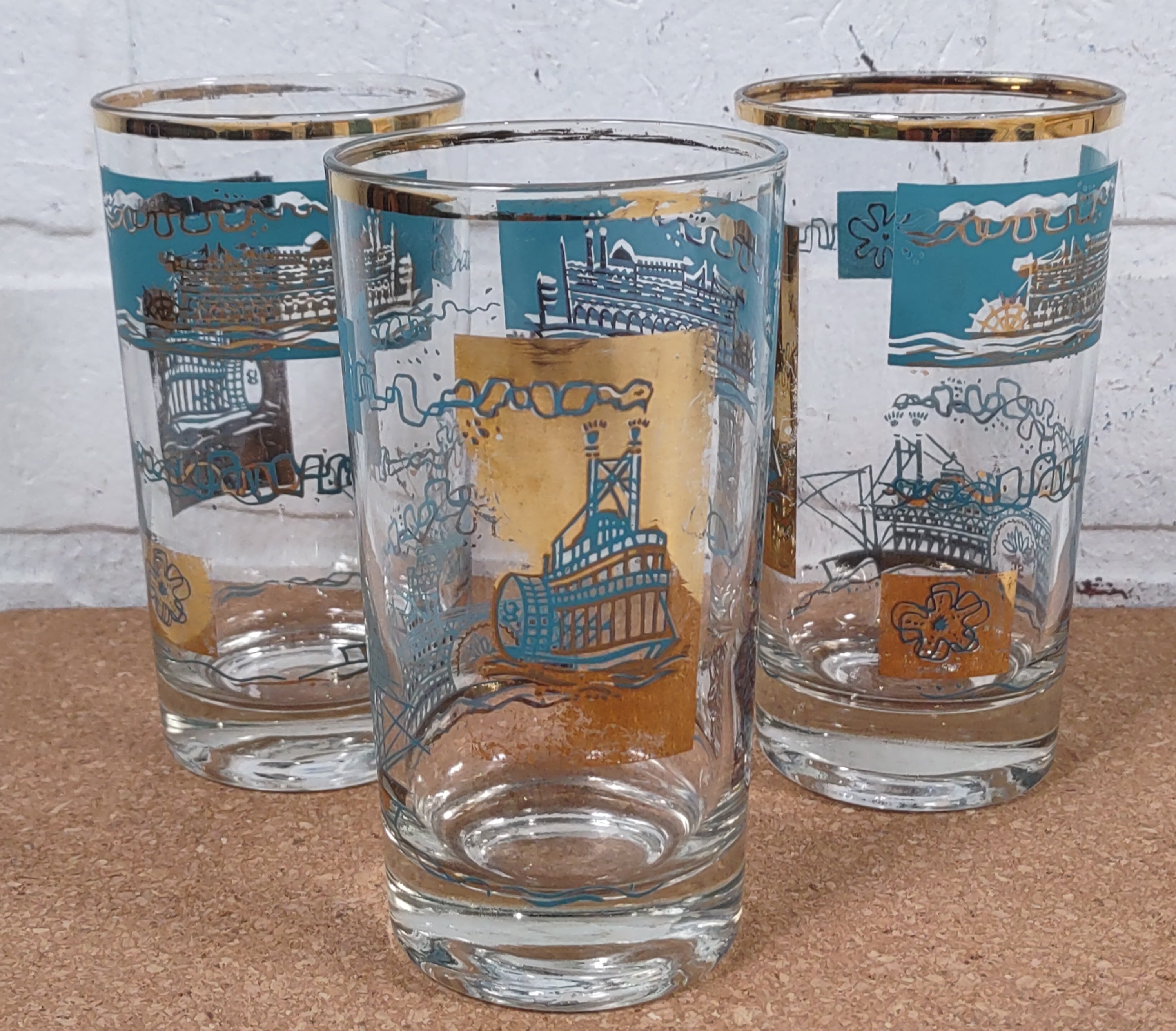 Set Of 3 Vintage Libbey MCM Riverboat Highball Glasses Gold/Turquoise