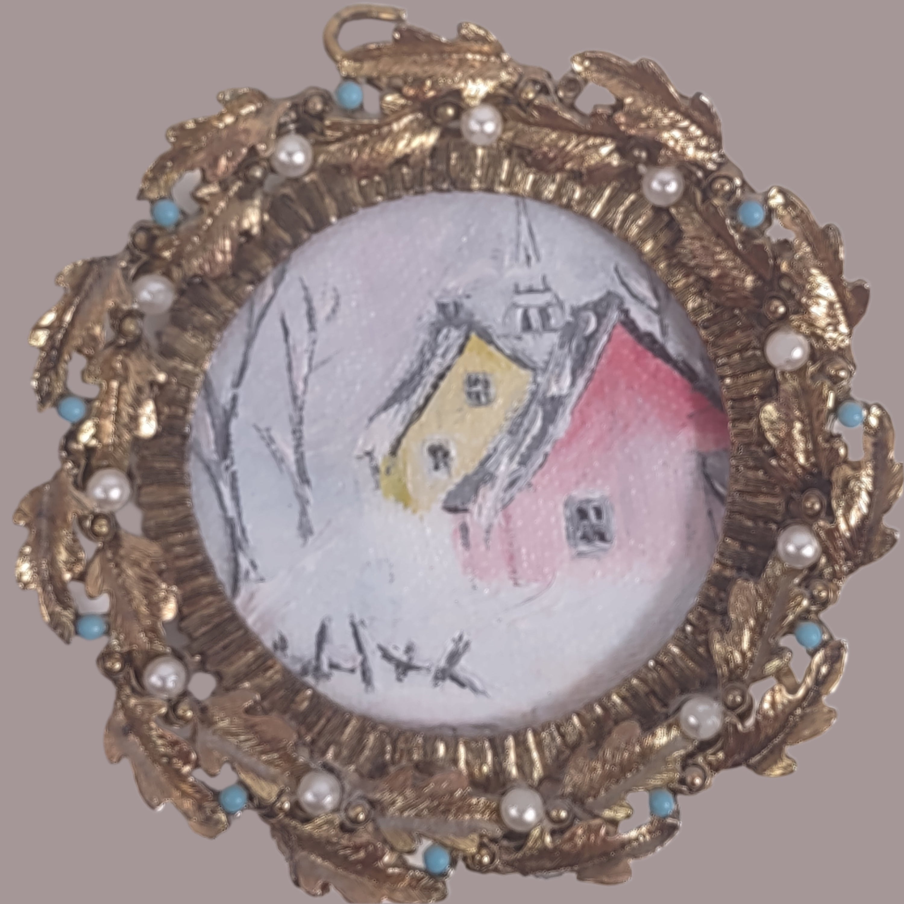 Peintures miniatures italiennes vintage de style rococo – Cadres dorés avec fausses perles et turquoise, support en velours rouge – Paire