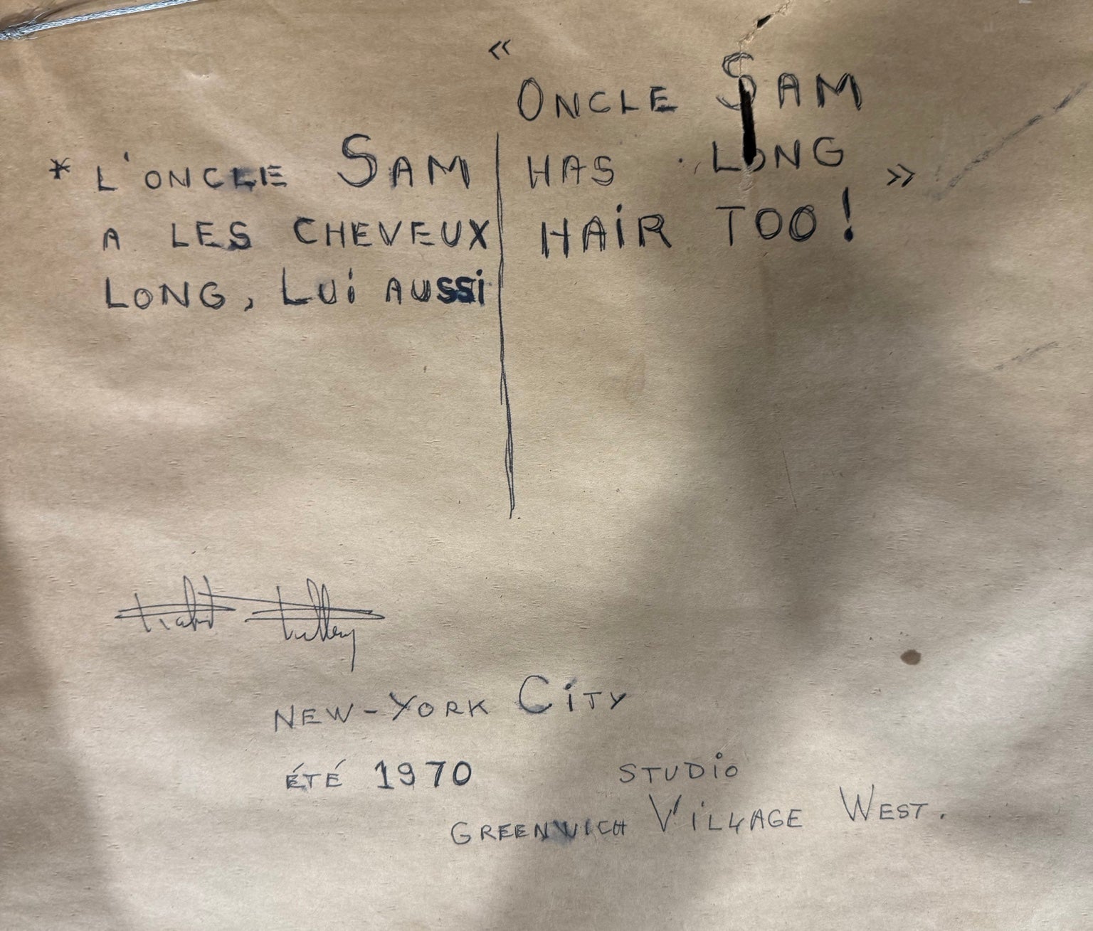 Paper backing with an unidentified signature and inscriptions including Été 1970, New-York City and Studio Greenwich Village West.